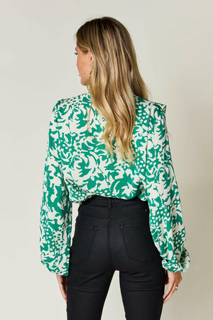 Double Take Full Size Printed Ruffle Trim Balloon Sleeve Shirt - StyleLure