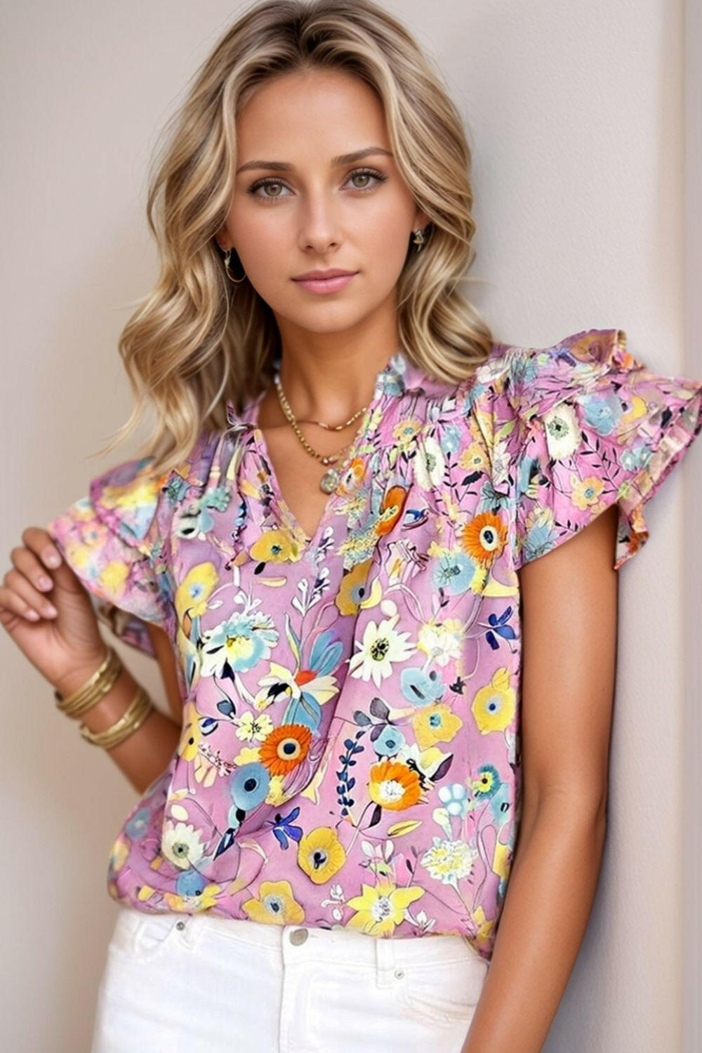 Printed Notched Double Layered Ruffle Sleeve Blouse - StyleLure