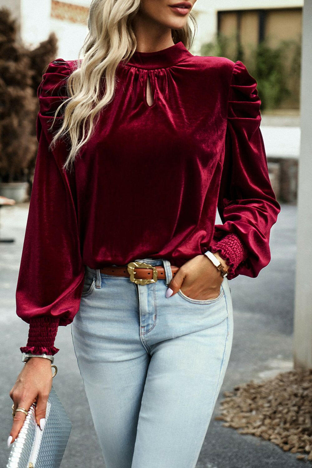 Tie Up Mock Neck Velvet Fabric Long Sleeve Blouse - StyleLure
