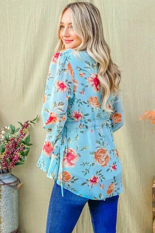 And The Why Floral Print Draw String Bell Sleeve Top - StyleLure
