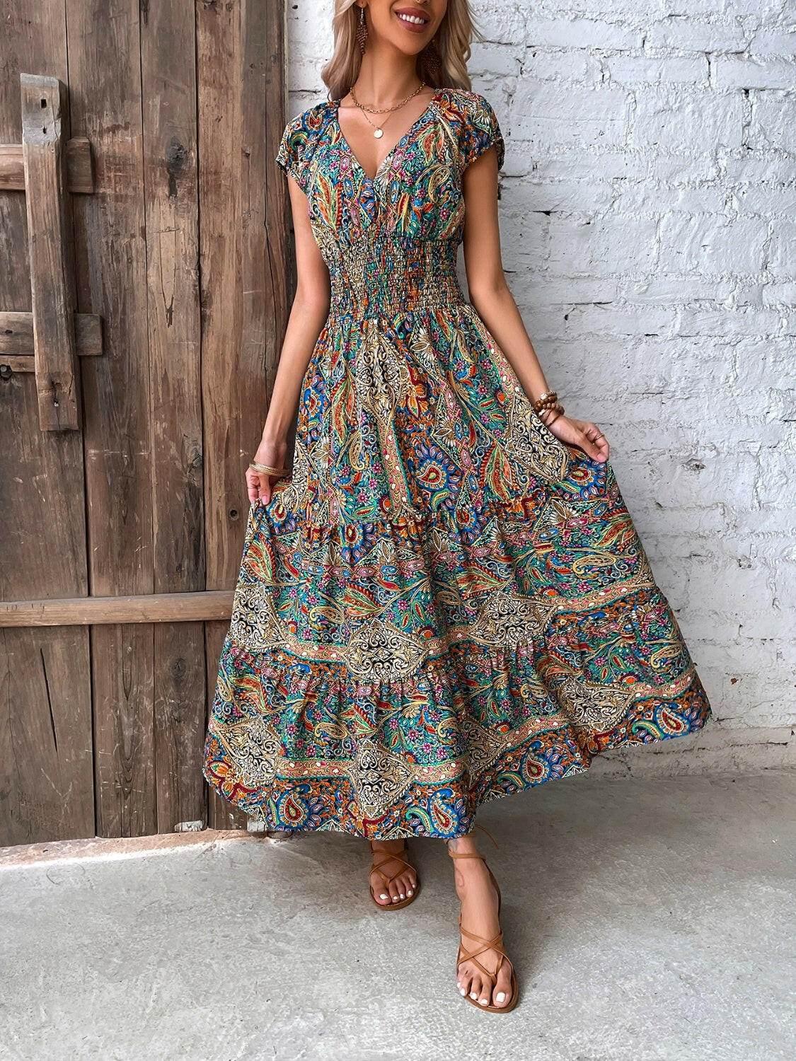 Honey Smocked Printed Cap Sleeve Midi Dress - StyleLure