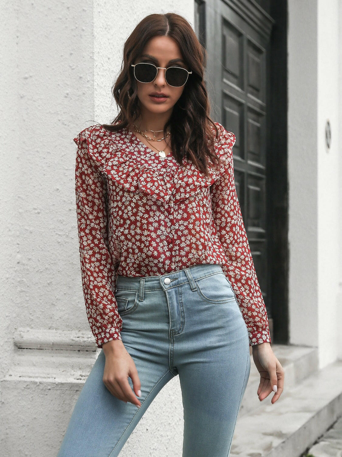 Printed Statement Collar Long Sleeve Blouse - StyleLure