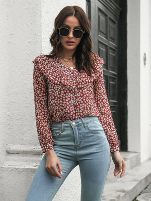 Printed Statement Collar Long Sleeve Blouse - StyleLure