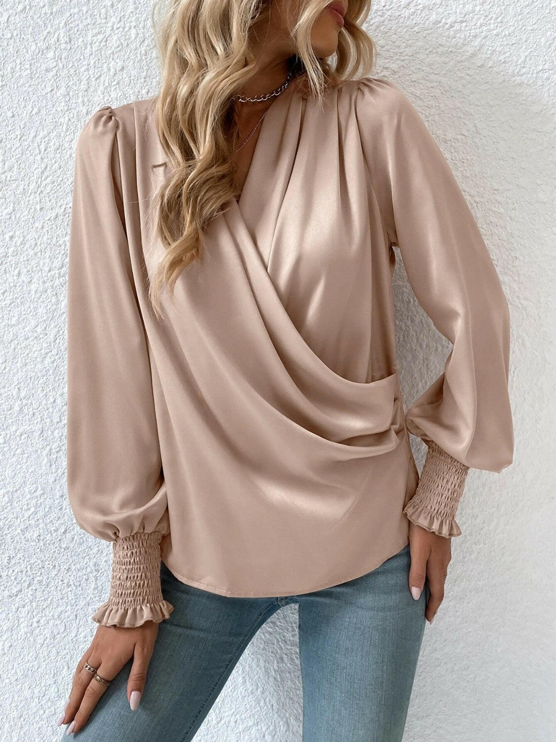 Surplice Smocked Lantern Sleeve Blouse - StyleLure