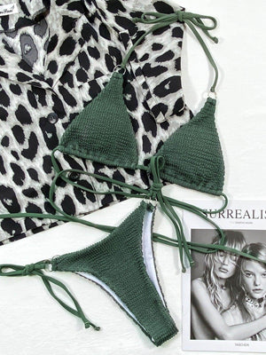 Textured Halter Neck Tie Side Bikini Set - StyleLure
