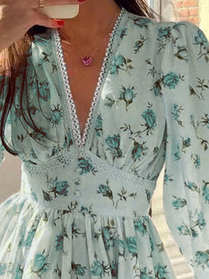 Lace Detail V-Neck Balloon Sleeve Dress - StyleLure