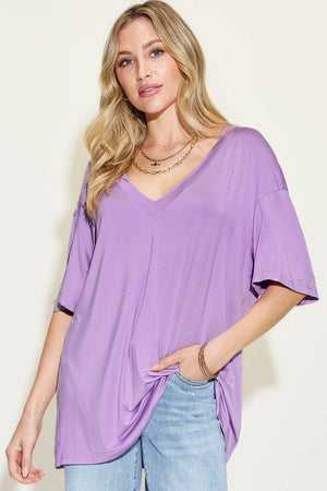 Basic Bae Full Size Bamboo V-Neck Drop Shoulder T-Shirt - StyleLure