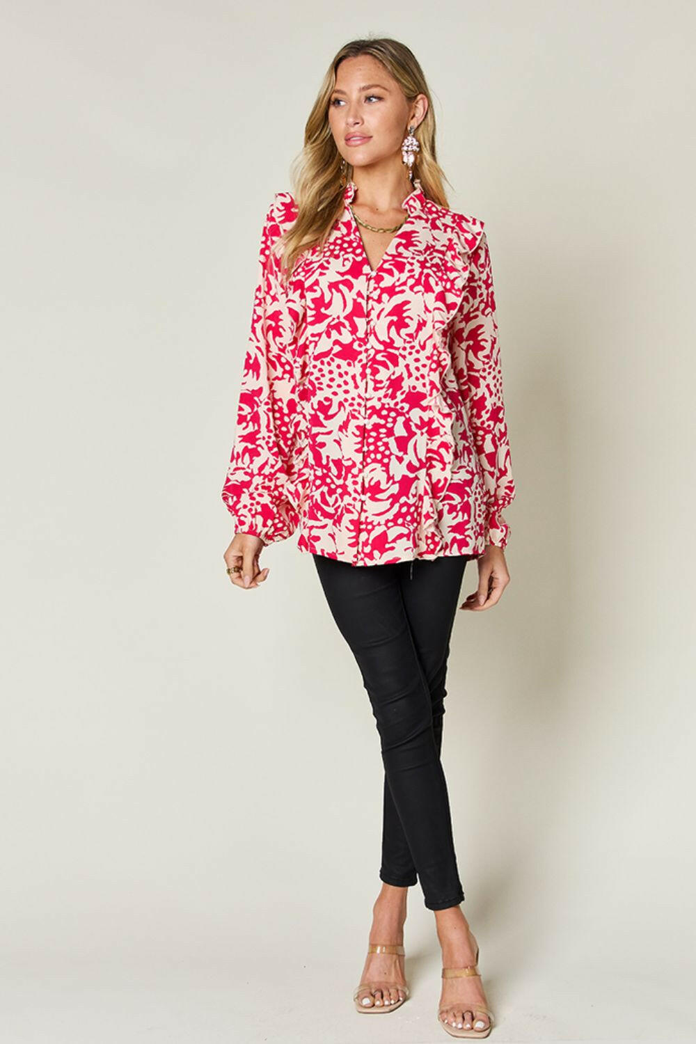 Double Take Full Size Printed Ruffle Trim Balloon Sleeve Shirt - StyleLure
