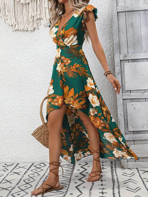 High-Low Printed Cap Sleeve Maxi Dress - StyleLure