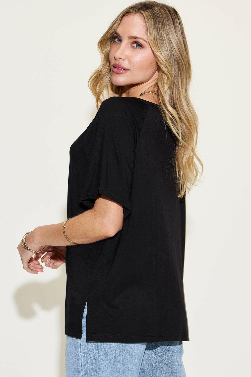 Basic Bae Full Size Bamboo Slit V-Neck Short Sleeve T-Shirt - StyleLure