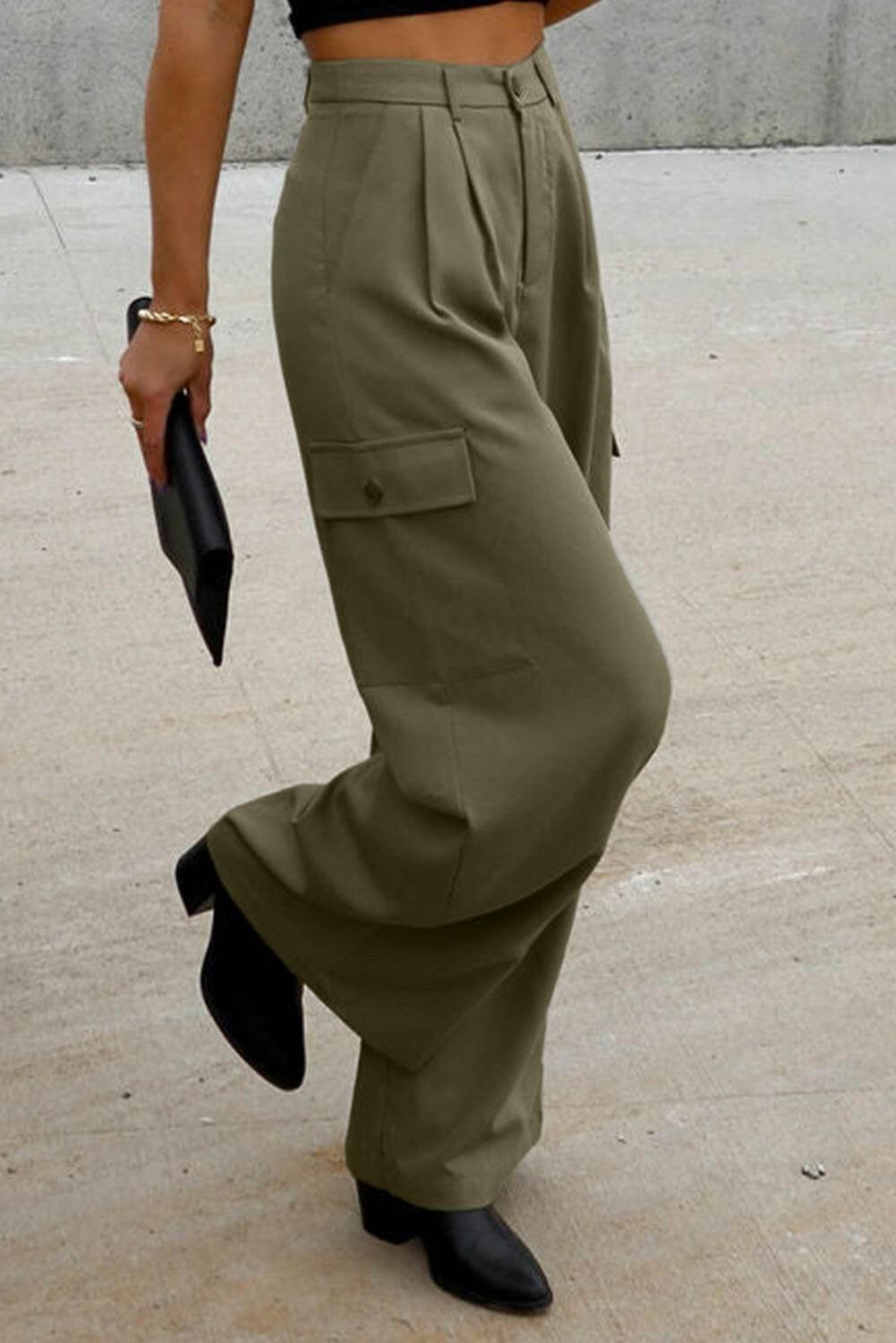 Ruched Wide Leg Pants with Pockets - StyleLure