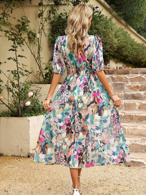 Devine Smocked Printed V-Neck Half Sleeve Midi Dress - StyleLure