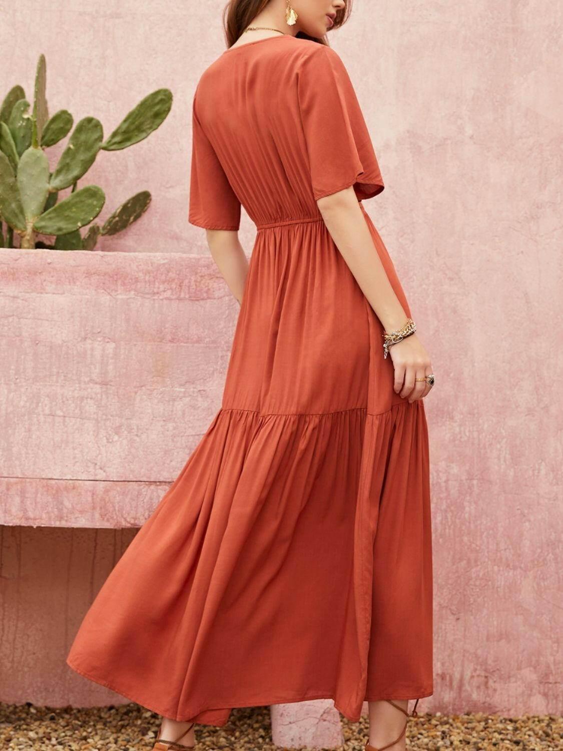 Lace Detail V-Neck Half Sleeve Midi Dress - StyleLure