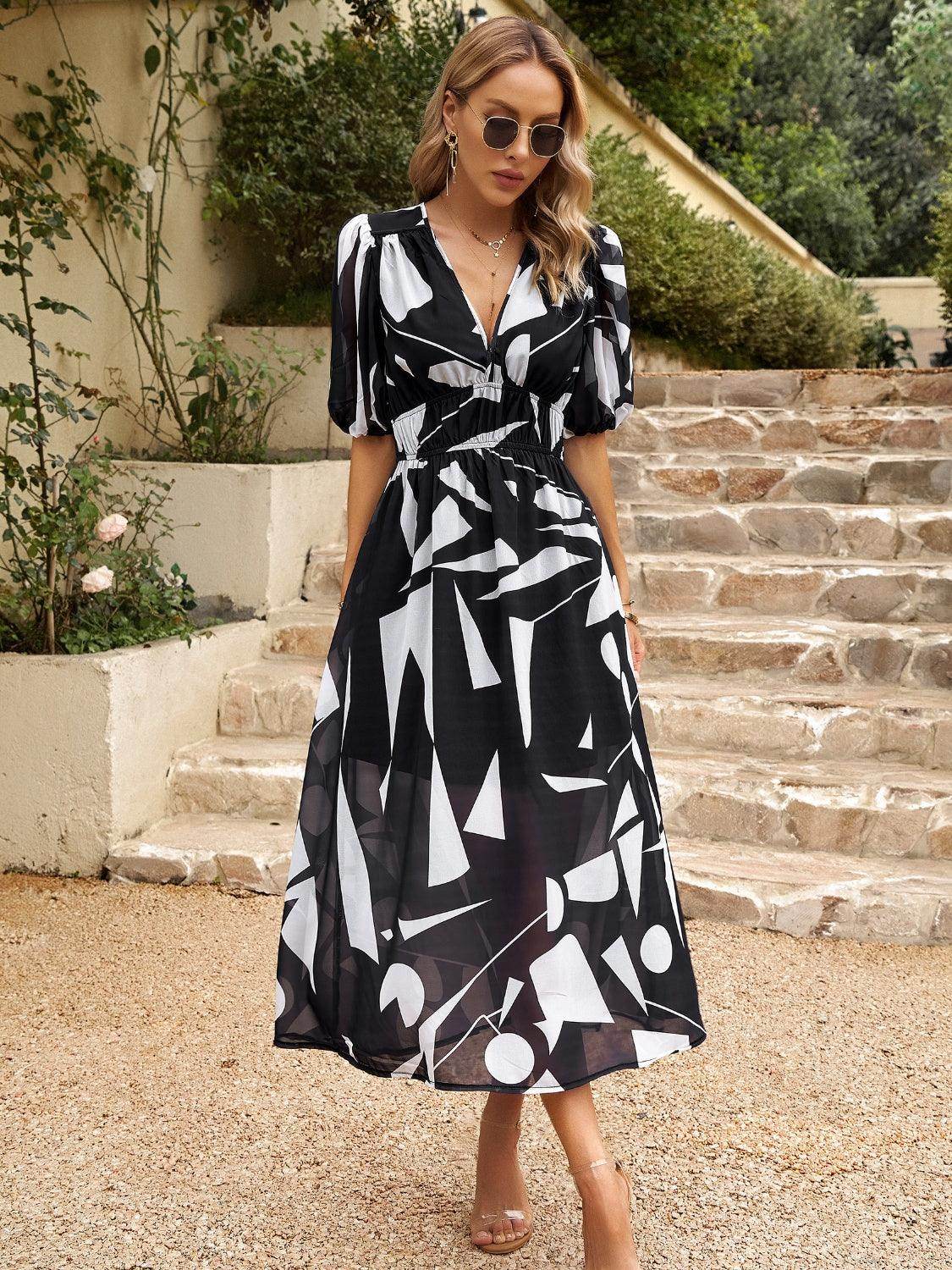 Devine Smocked Printed V-Neck Half Sleeve Midi Dress - StyleLure