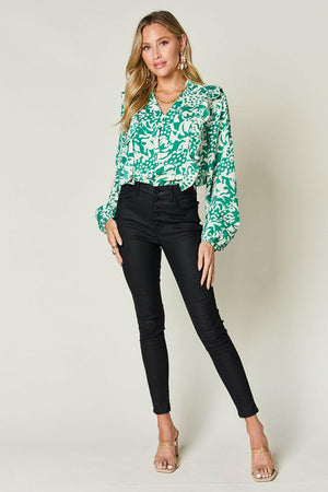 Double Take Full Size Printed Ruffle Trim Balloon Sleeve Shirt - StyleLure