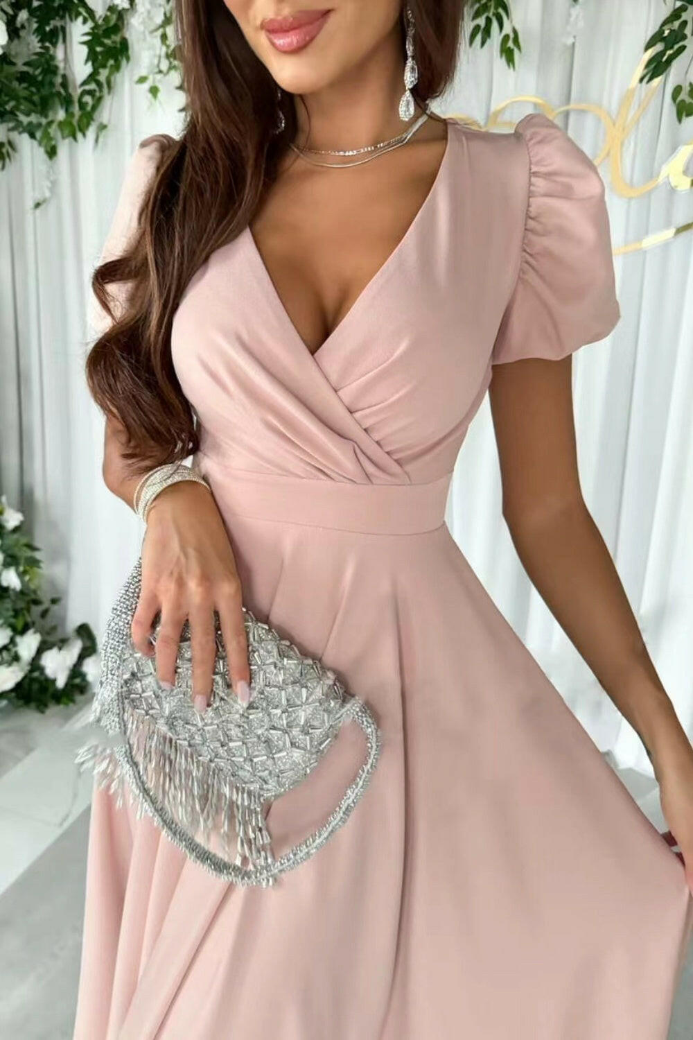 Surplice Puff Sleeve Midi Dress - StyleLure