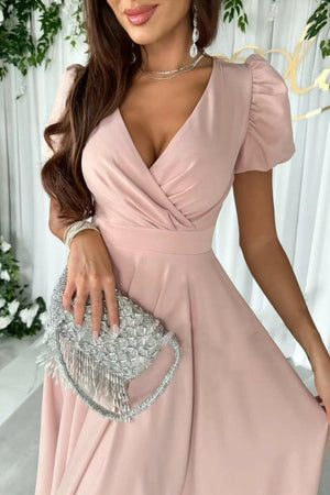 Surplice Puff Sleeve Midi Dress - StyleLure