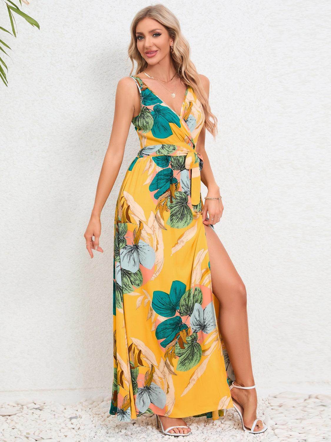 Slit Tied Printed Surplice Dress - StyleLure