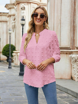 Swiss Dot Notched Neck Blouse - StyleLure