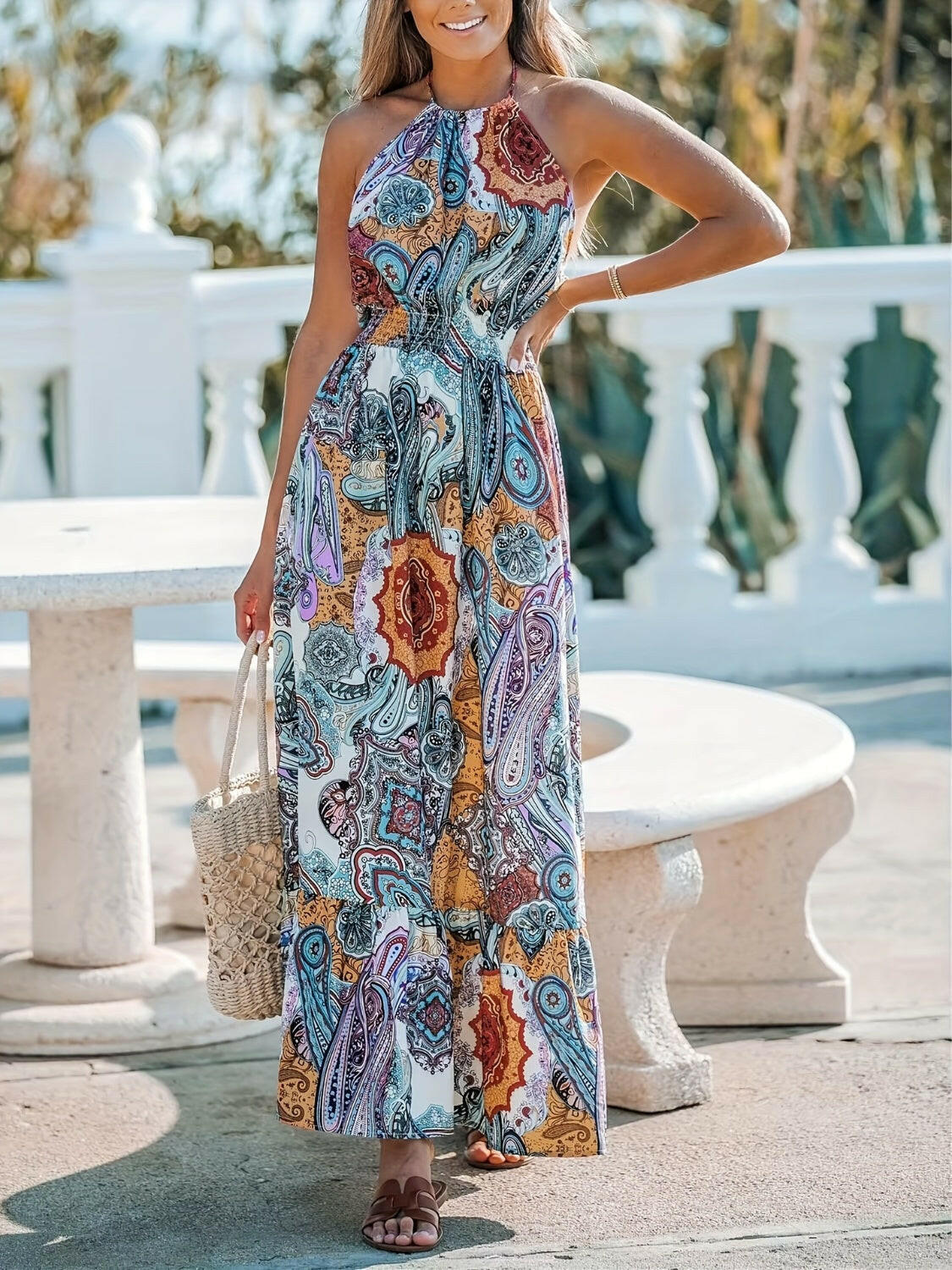 Printed Halter Neck Maxi Dress - StyleLure