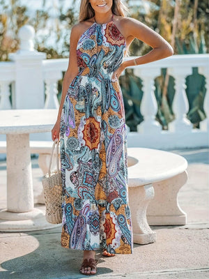 Printed Halter Neck Maxi Dress - StyleLure