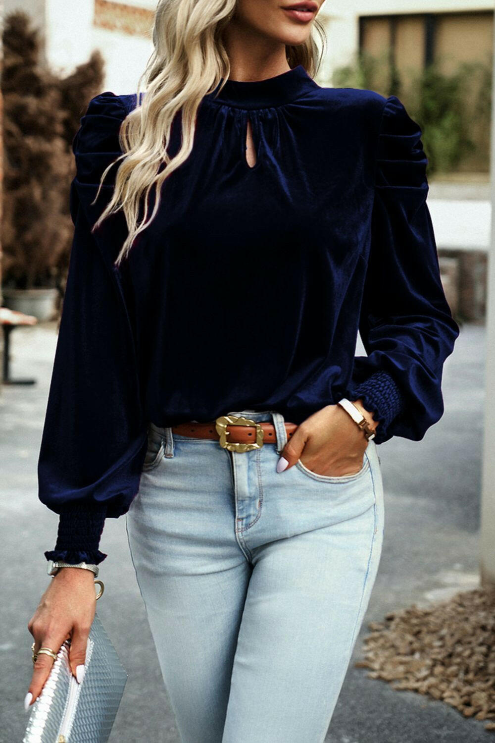 Tie Up Mock Neck Velvet Fabric Long Sleeve Blouse - StyleLure