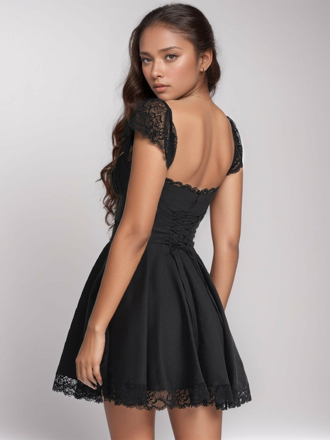Lace Detail Square Neck Cap Sleeve Mini Dress - StyleLure