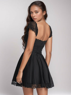 Lace Detail Square Neck Cap Sleeve Mini Dress - StyleLure