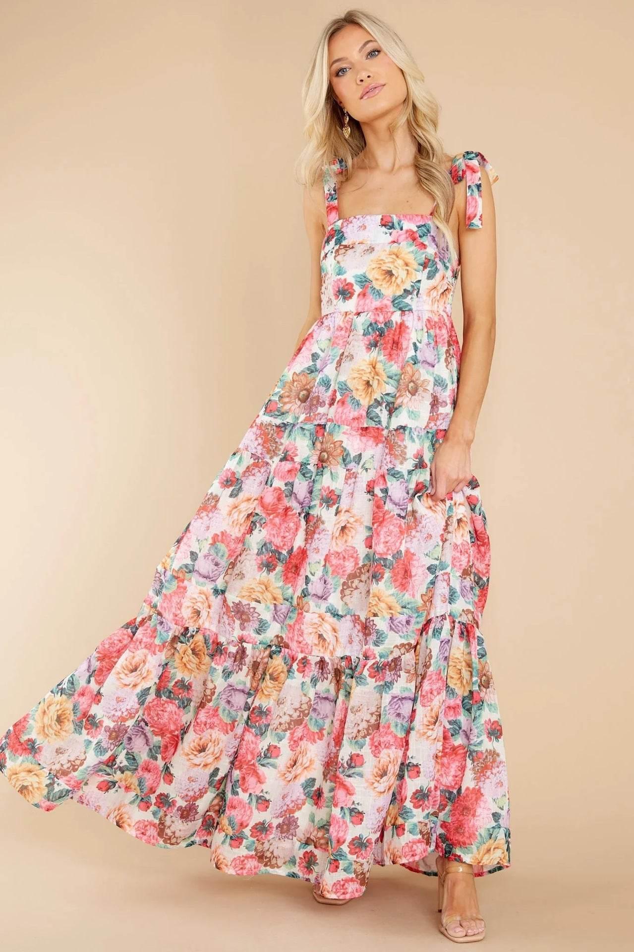 Floral Square Neck Wide Strap Maxi Dress - StyleLure