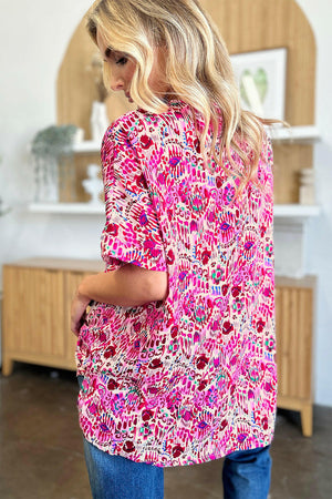 Double Take Full Size Printed V-Neck Short Sleeve Blouse - StyleLure
