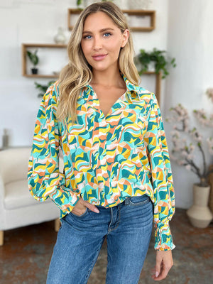 Double Take Full Size Printed Smocked Long Sleeve Blouse - StyleLure