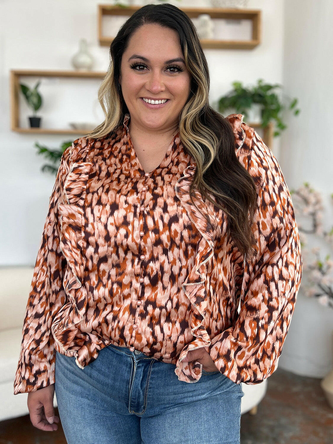 Double Take Full Size Printed Ruffle Trim Balloon Sleeve Shirt - StyleLure
