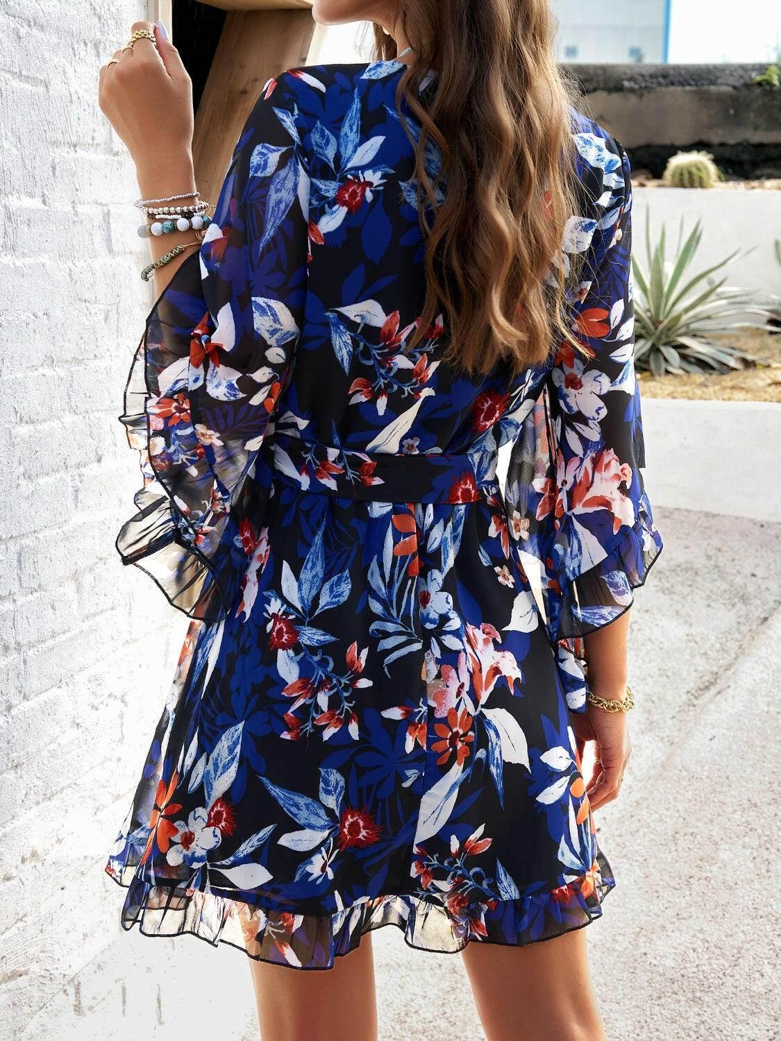 Devine Ruffled Printed Surplice Half Sleeve Mini Dress - StyleLure