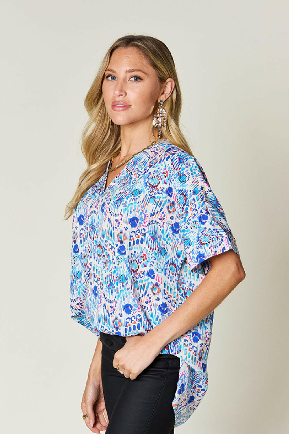 Double Take Full Size Printed V-Neck Short Sleeve Blouse - StyleLure