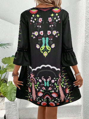 Lace Detail Printed Three-Quarter Sleeve Dress - StyleLure