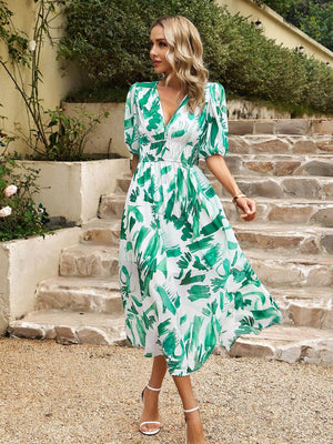 Devine Smocked Printed V-Neck Half Sleeve Midi Dress - StyleLure