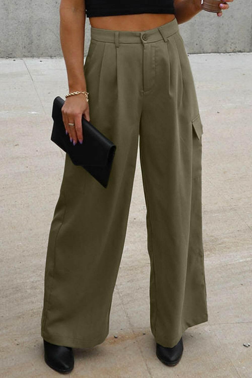 Ruched Wide Leg Pants with Pockets - StyleLure