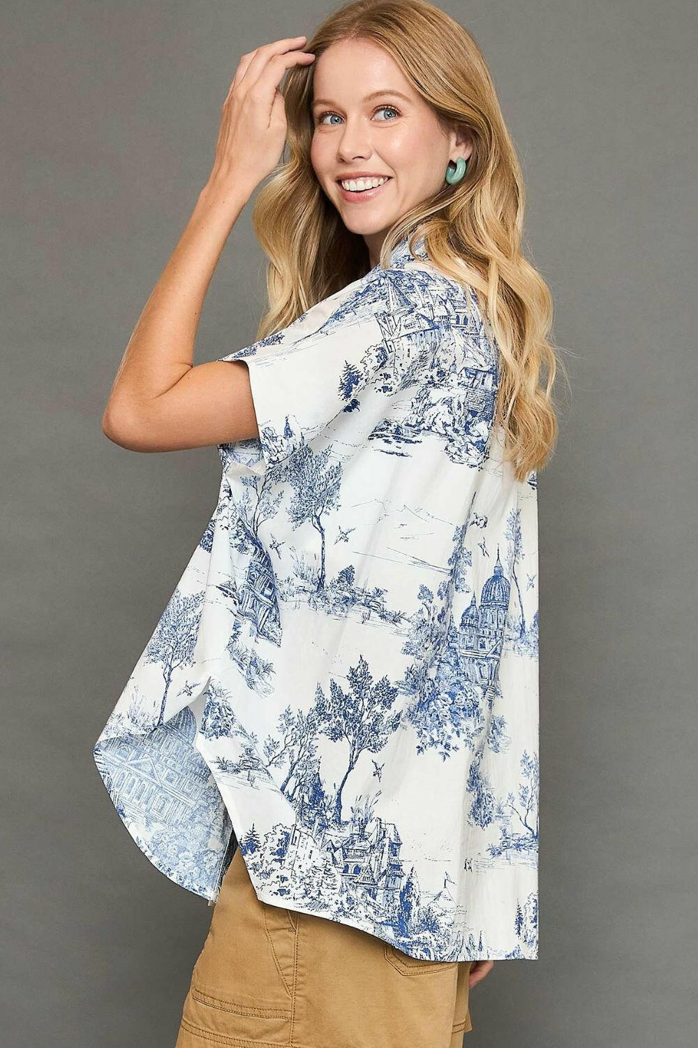 Umgee Full Size Two Tone Print Button Up Short Sleeve Shirt Plus Size - StyleLure