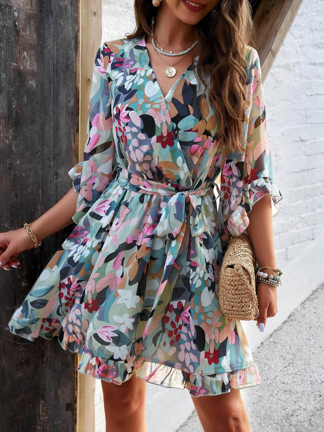 Devine Ruffled Printed Surplice Half Sleeve Mini Dress - StyleLure