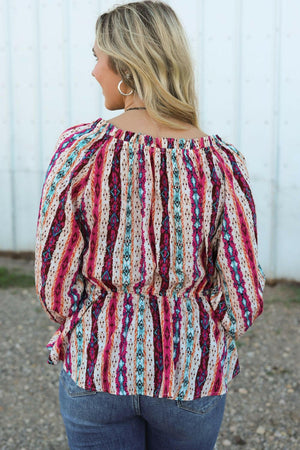 Multicolour Western Print Split Neck Peplum Blouse - StyleLure