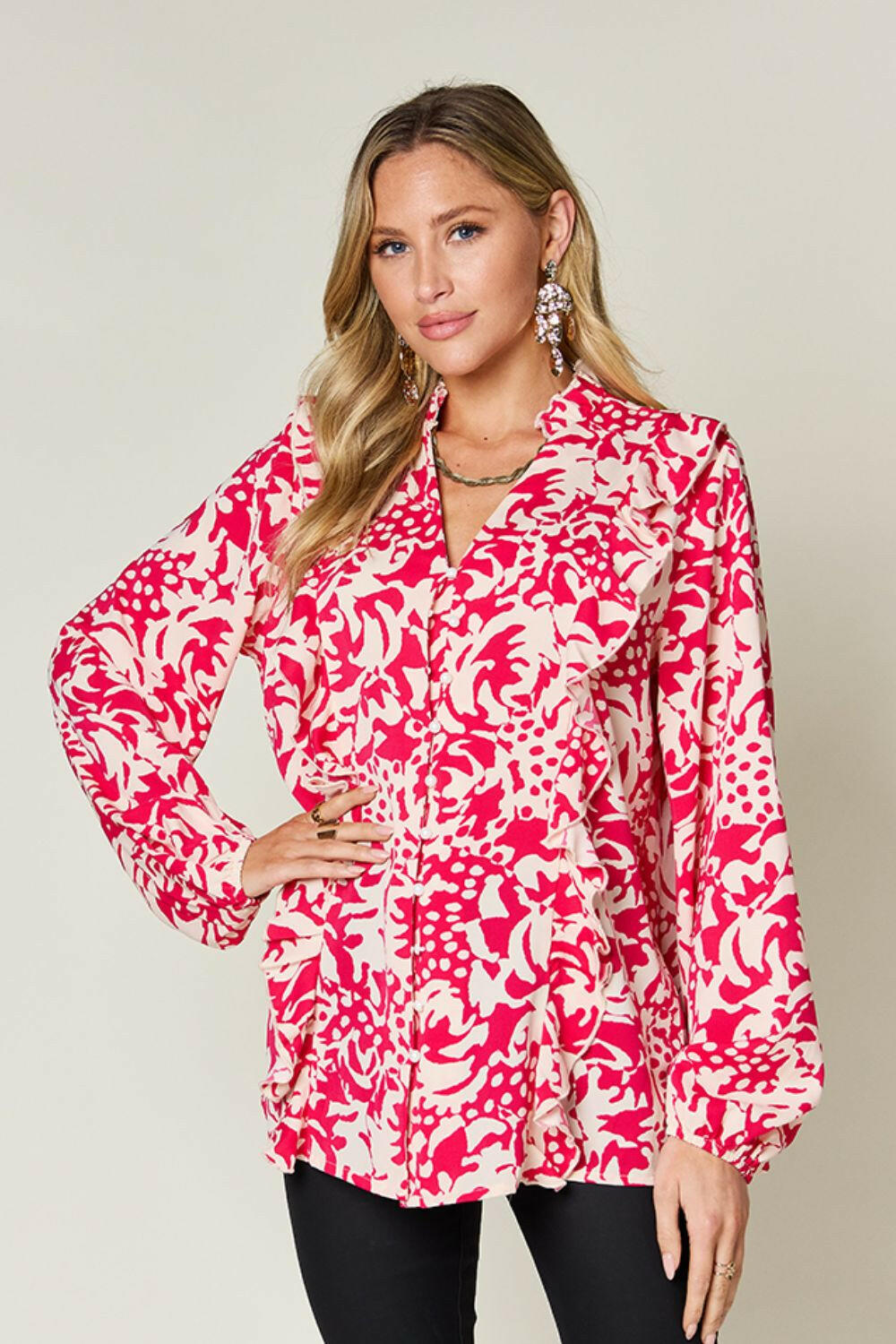 Double Take Full Size Printed Ruffle Trim Balloon Sleeve Shirt - StyleLure