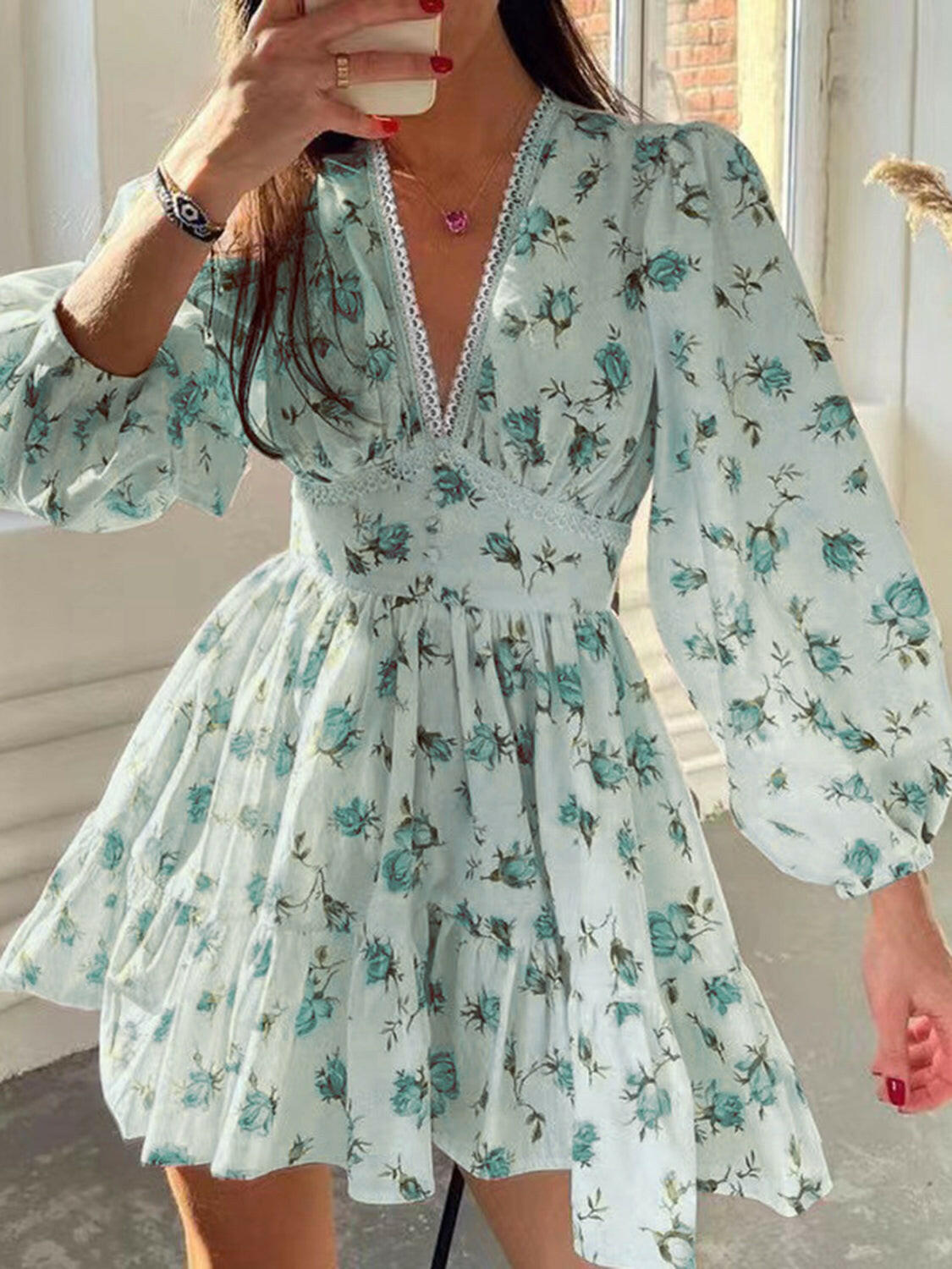 Lace Detail V-Neck Balloon Sleeve Dress - StyleLure