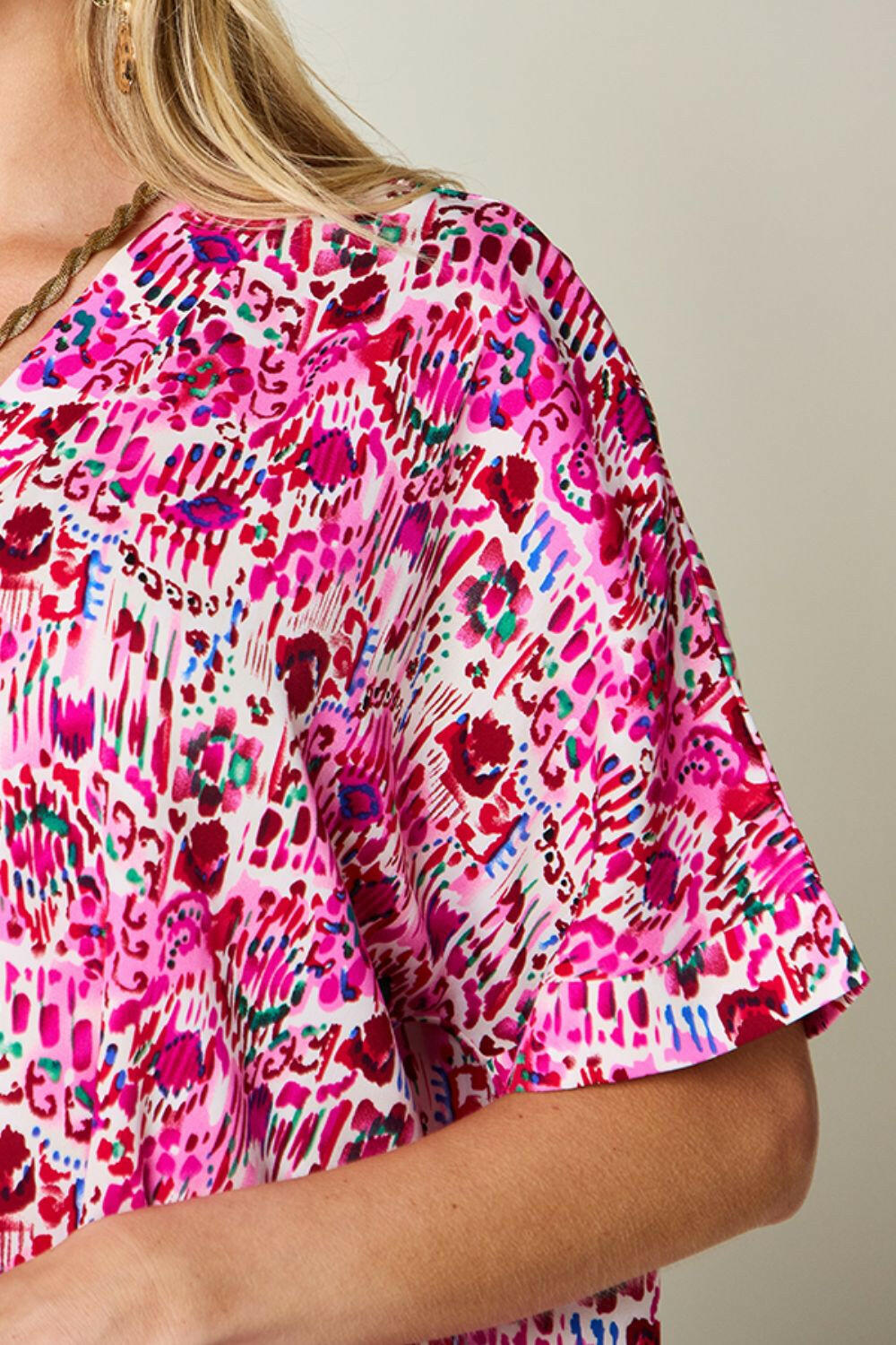 Double Take Full Size Printed V-Neck Short Sleeve Blouse - StyleLure