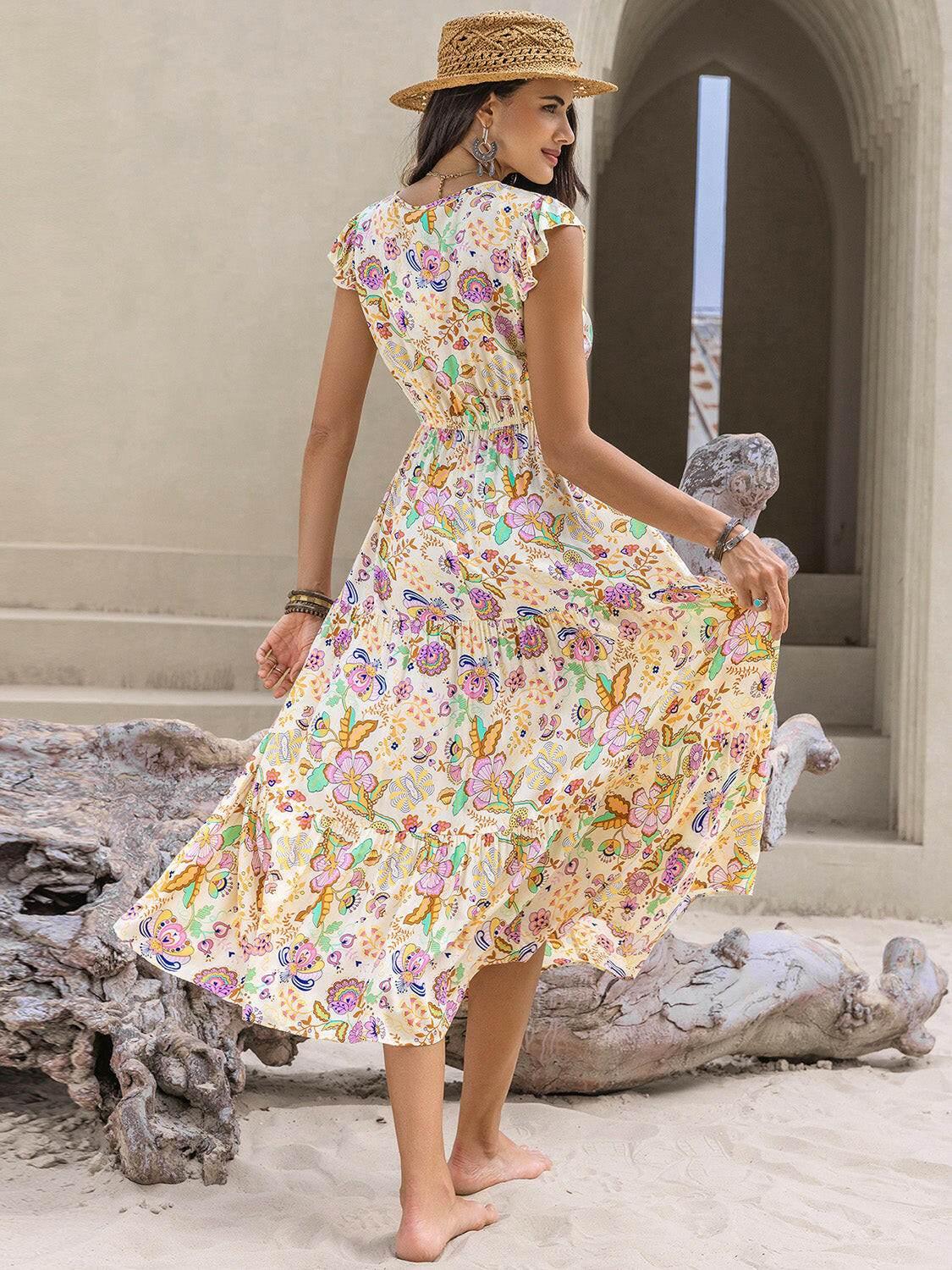 Ruched Printed Cap Sleeve Midi Dress - StyleLure