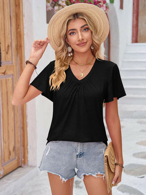 Double Take Ruched V-Neck Short Sleeve T-Shirt - StyleLure