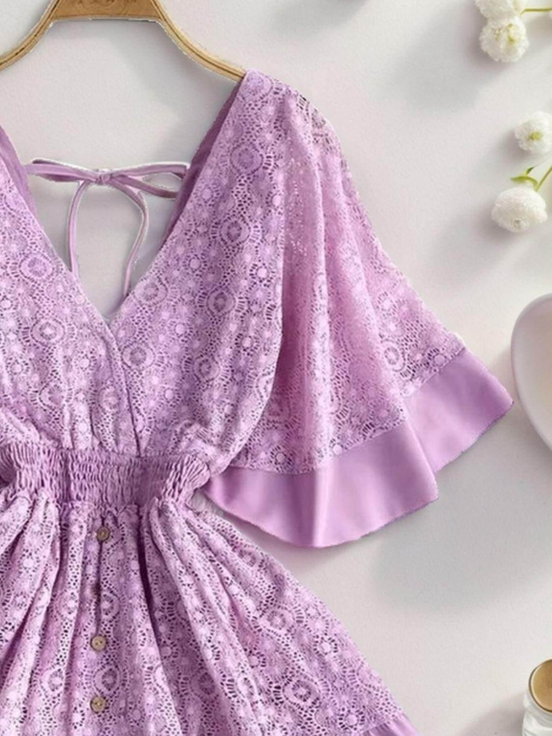Ruffle Hem Tie Back Lace Mini Dress - StyleLure
