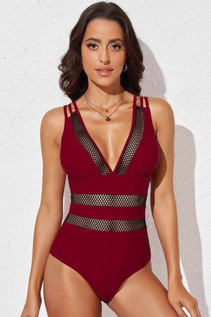 Printed mesh plunge one-piece swimsuit in burgundy with crisscross straps and mesh panel details
