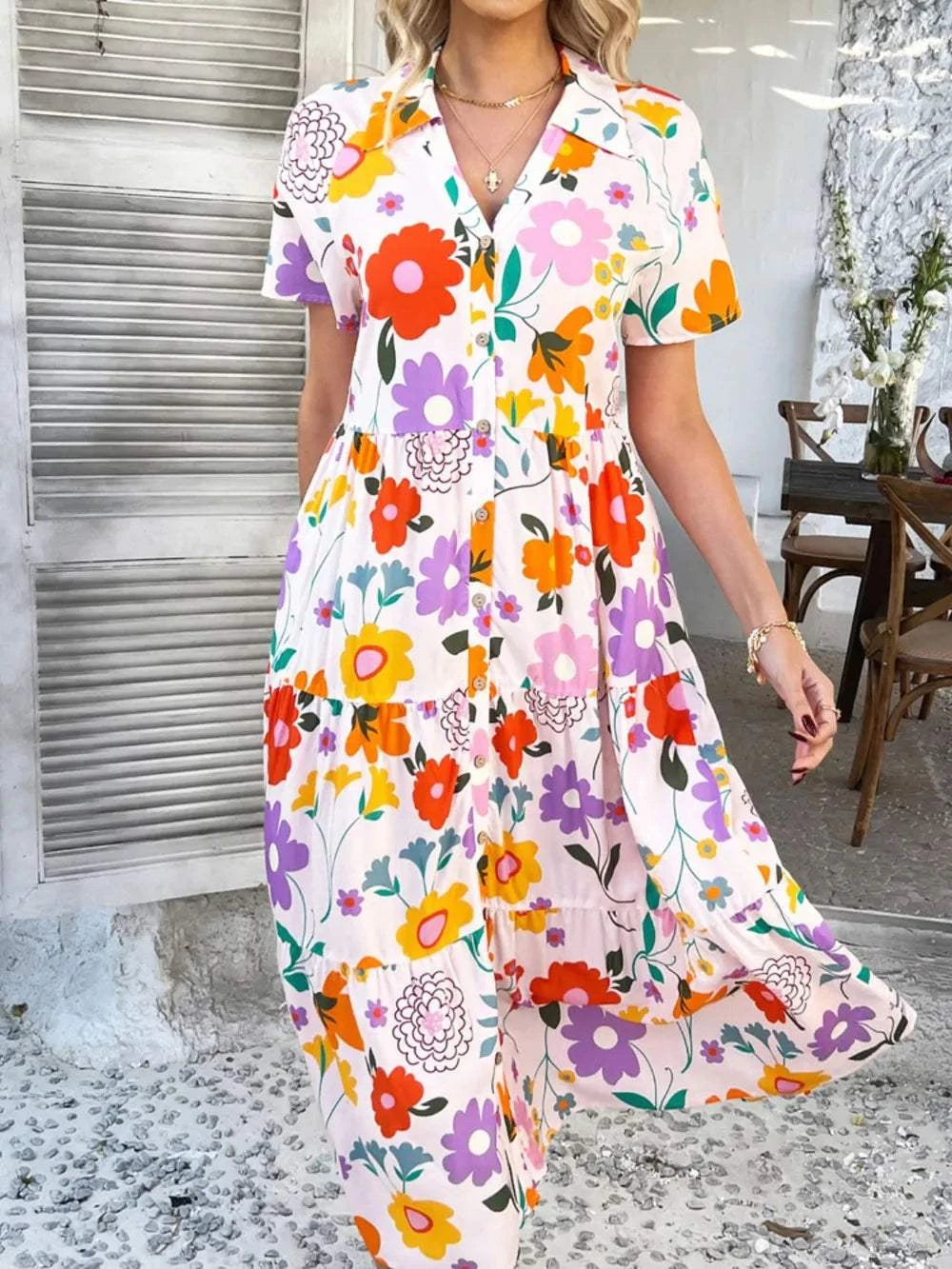 Devine Printed Johnny Collar button down short sleeve midi shirt dress with colorful floral pattern