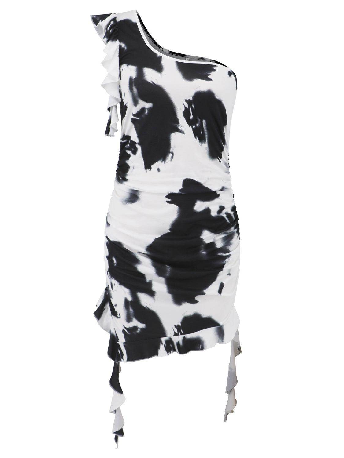 Ruffled Tie-Dye Single Shoulder Mini Dress - StyleLure
