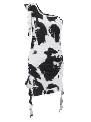 Ruffled Tie-Dye Single Shoulder Mini Dress - StyleLure